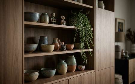 Modern wooden bookshelf decorated with handmade studio ceramics, pottery, and indoor green plant